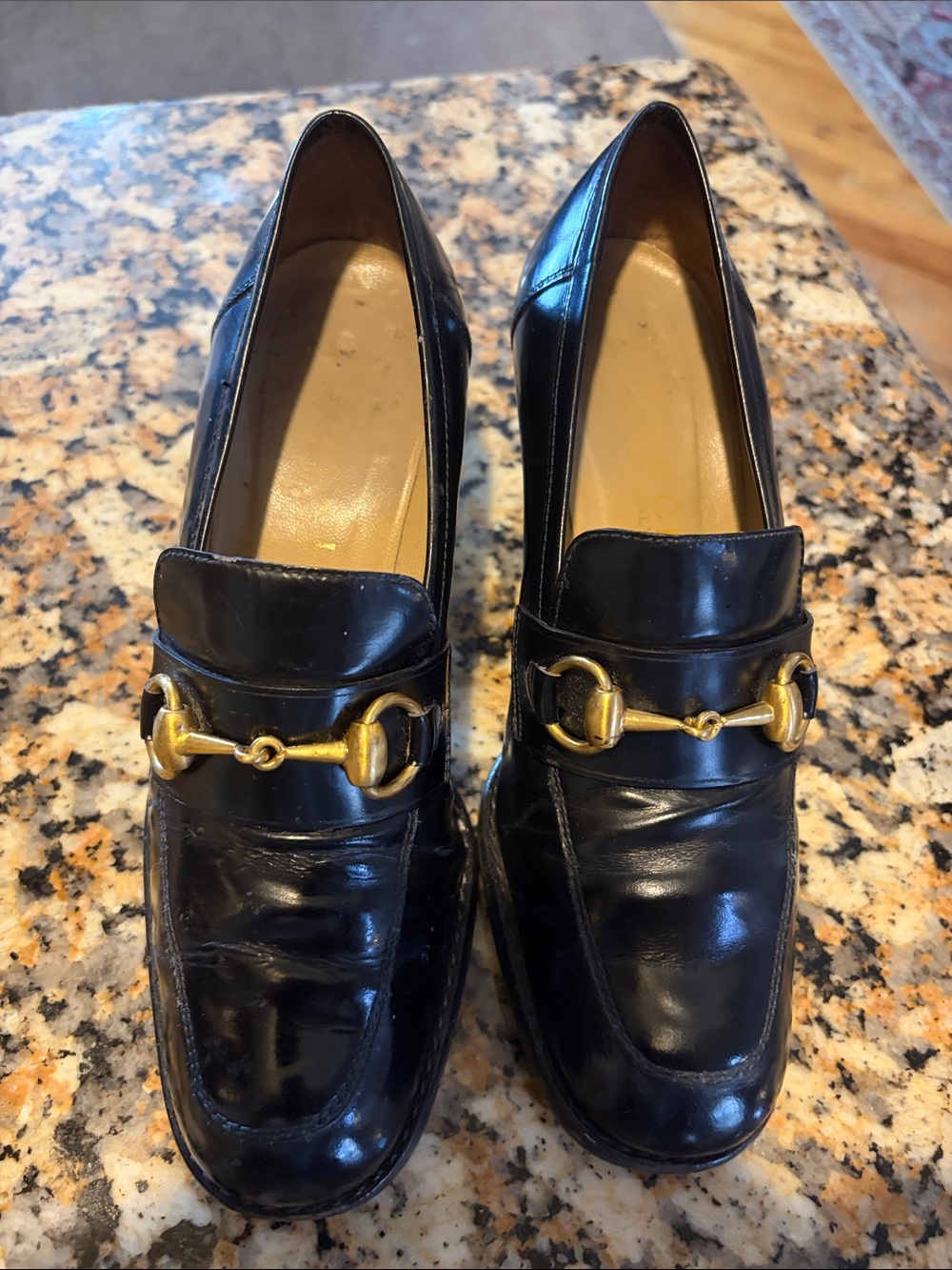 Classic Black Leather Loafers with Gold Bit Accent - Women's